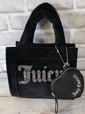 Juicy Couture Black Velour Mini Tote and Keychain Set Glam